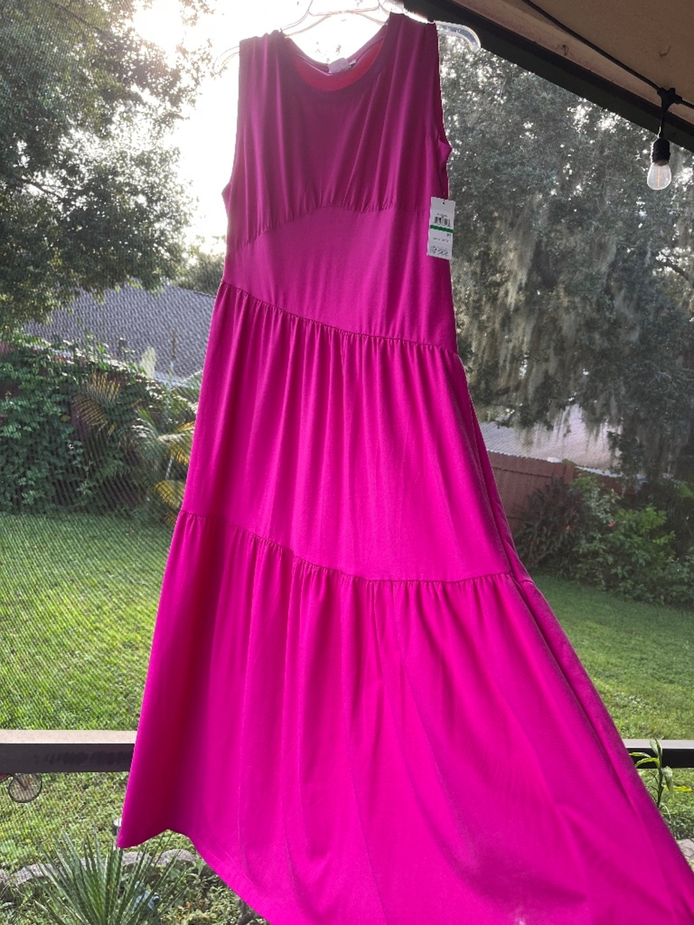 DKNY pink sleeveless tiered maxi dress with multi-tiered skirt sz Large